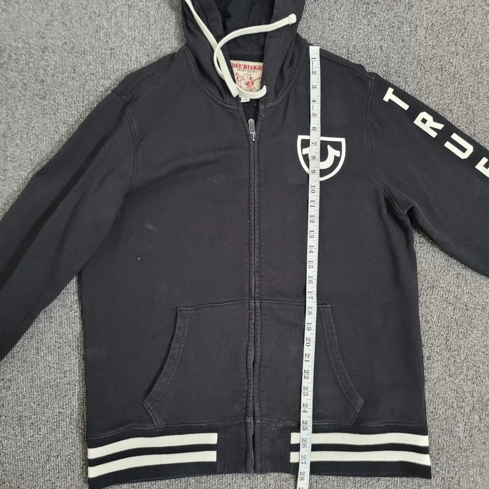 True Religion Large Zip Hoodie Mens Black White Horseshoe Graphic Logo Striped